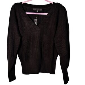 White House Black Market Medium P Black Pleated Shoulder V-Neck Pullover Sweater